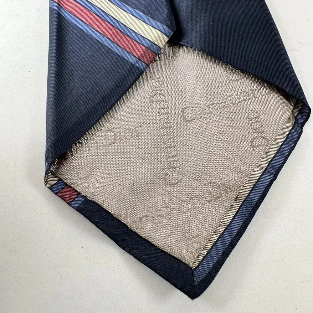 Christian Dior Mens Silk Tie Navy‎ Blue Red Cream Striped Vintage Made in France